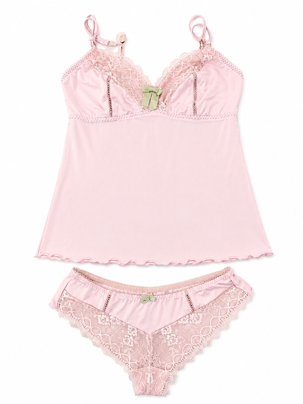 Cache Coeur Pale Pink Lace top and Bikini Set with Green Bow for breastfeeding